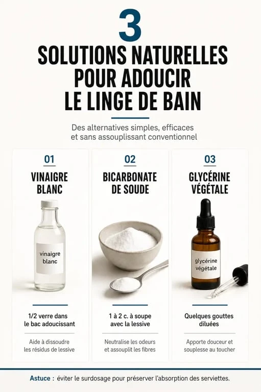 Infographie des astuces pour avoir des serviettes de toilette moelleuses sans sèche-linge avec vinaigre et bicarbonate
