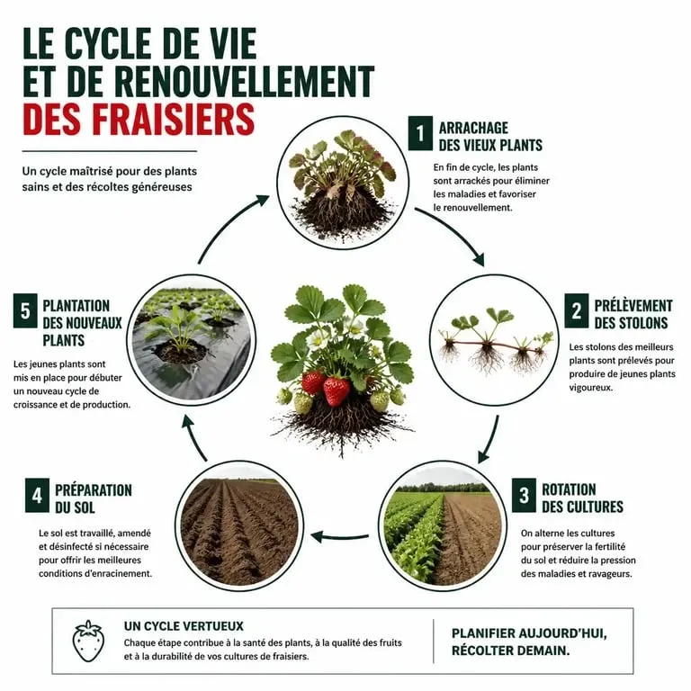 Schéma explicatif des étapes pour renouveler ses vieux fraisiers au potager