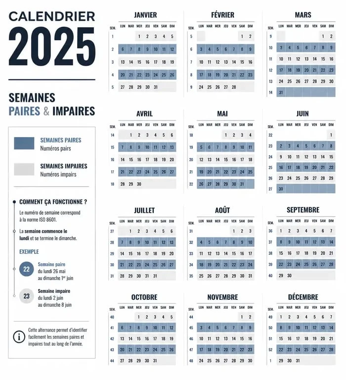 Calendrier 2025 avec semaines paires et impaires pour l'organisation