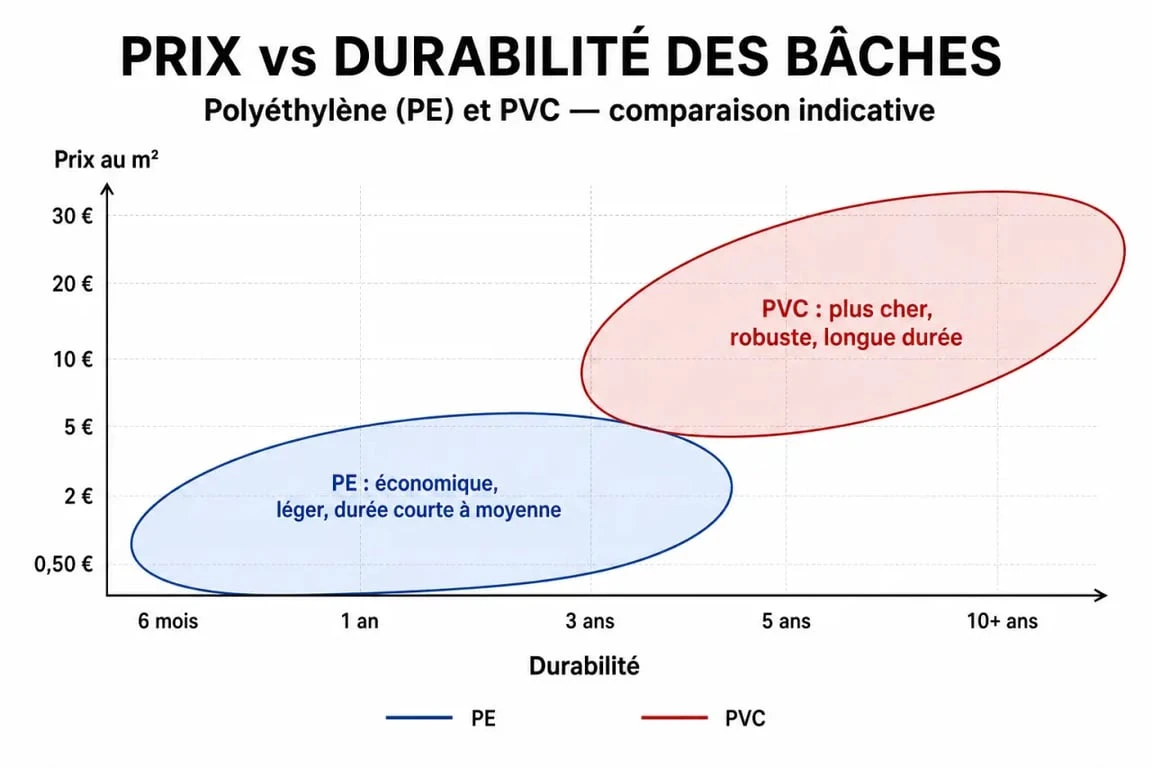 Comparatif des prix et de la durabilité des bâches de protection en PVC et polyéthylène pour choisir la meilleure bâche au meilleur prix.