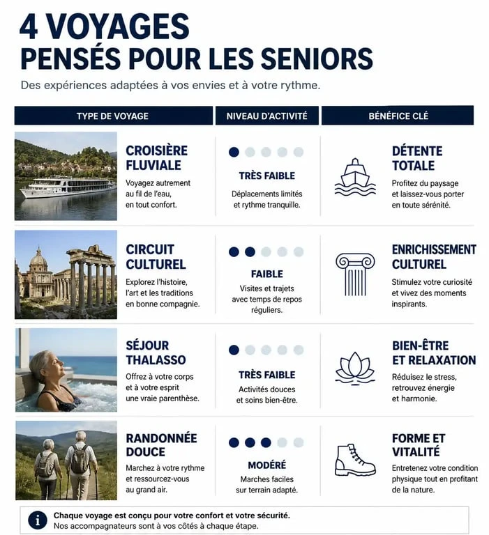 Infographie des types de voyages organisés pour personnes seules de 70 ans et plus
