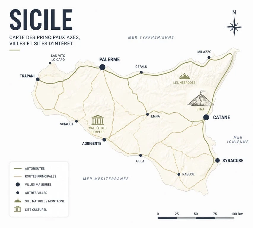 Carte touristique de la Sicile avec les principaux sites et itinéraires pour préparer son voyage