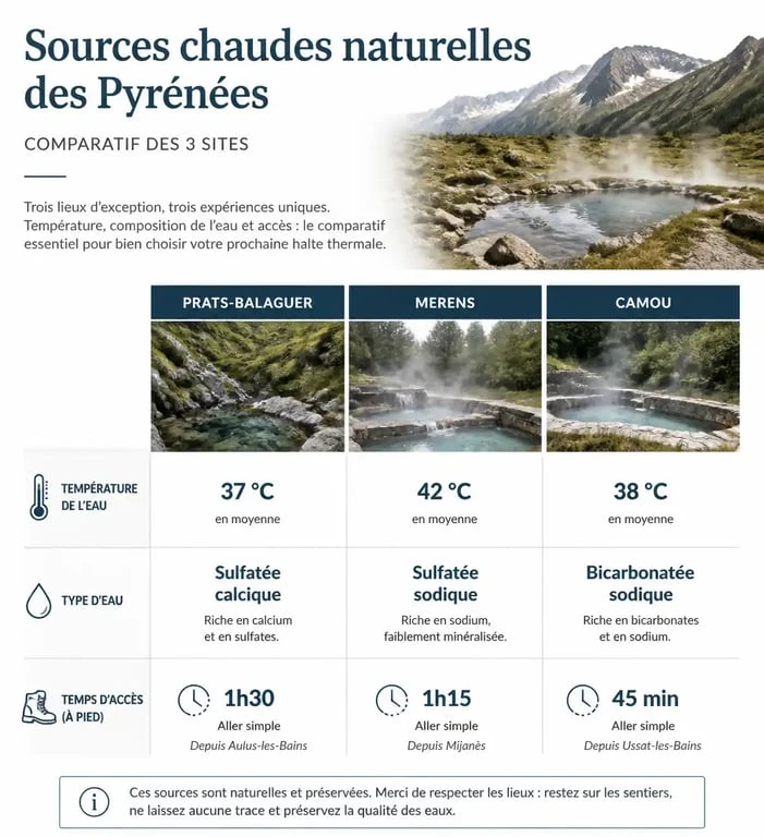 Comparatif des sources chaudes gratuites dans les Pyrénées : Prats-Balaguer, Merens et Camou