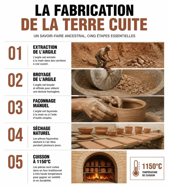 Étapes de fabrication artisanale de la terre cuite Terrerie : de l'argile brute au produit fini