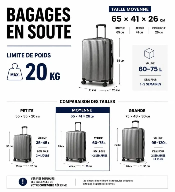 Infographie des dimensions idéales d'une valise de 20 kg pour le voyage en avion