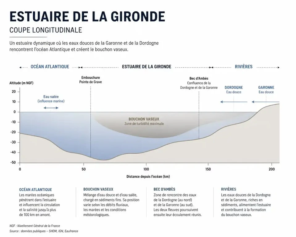 Schéma explicatif de la formation et de la géographie de l'estuaire de la Gironde