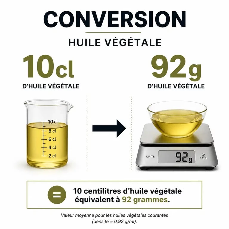 Infographie montrant la conversion de 10cl d'huile en 92 grammes pour la cuisine