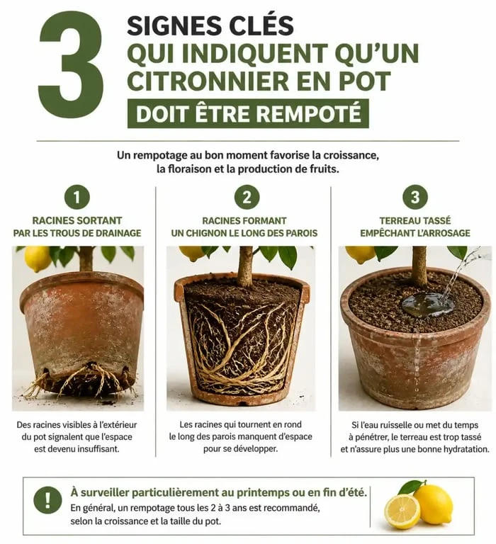 Infographie montrant quand rempoter un citronnier et les signes de racines à l'étroit