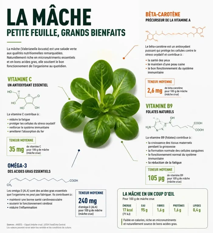 Infographie des bienfaits nutritionnels et vitamines de la mâche