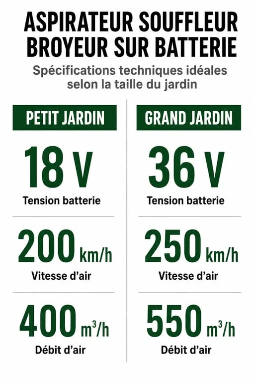 Infographie comparative des caractéristiques techniques pour choisir le meilleur aspirateur souffleur broyeur sur batterie selon la taille du jardin.