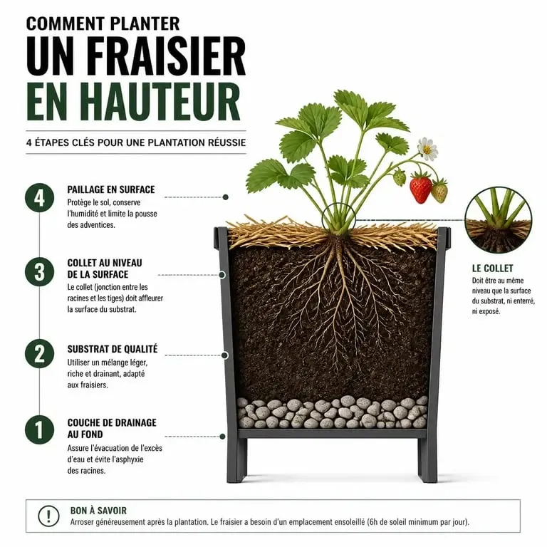 Schéma des étapes de plantation d'un fraisier en hauteur pour une culture réussie