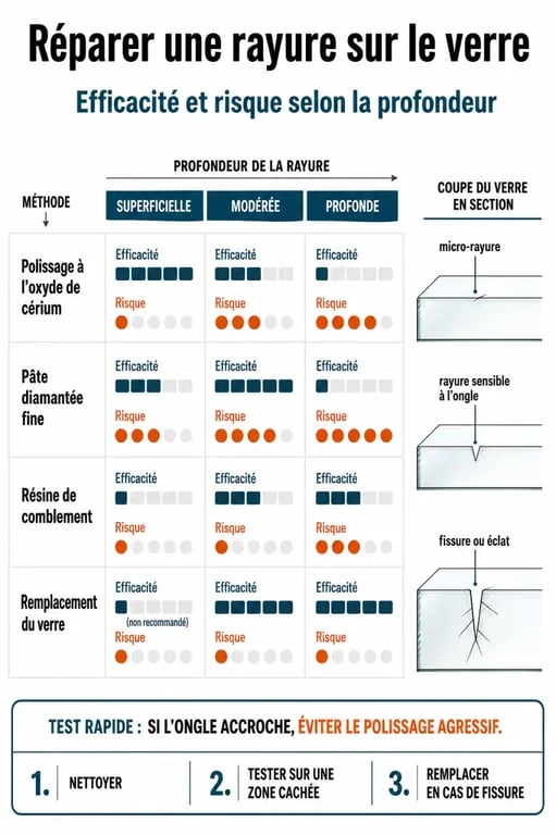 Infographie comparative des méthodes pour enlever une rayure profonde sur du verre