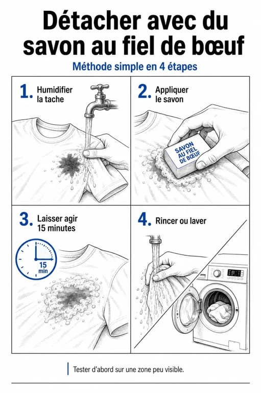 Infographie des étapes d'utilisation du savon au fiel de bœuf pour détacher efficacement les vêtements