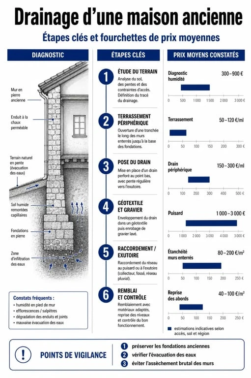 Infographie des coûts et étapes du drainage pour maison ancienne