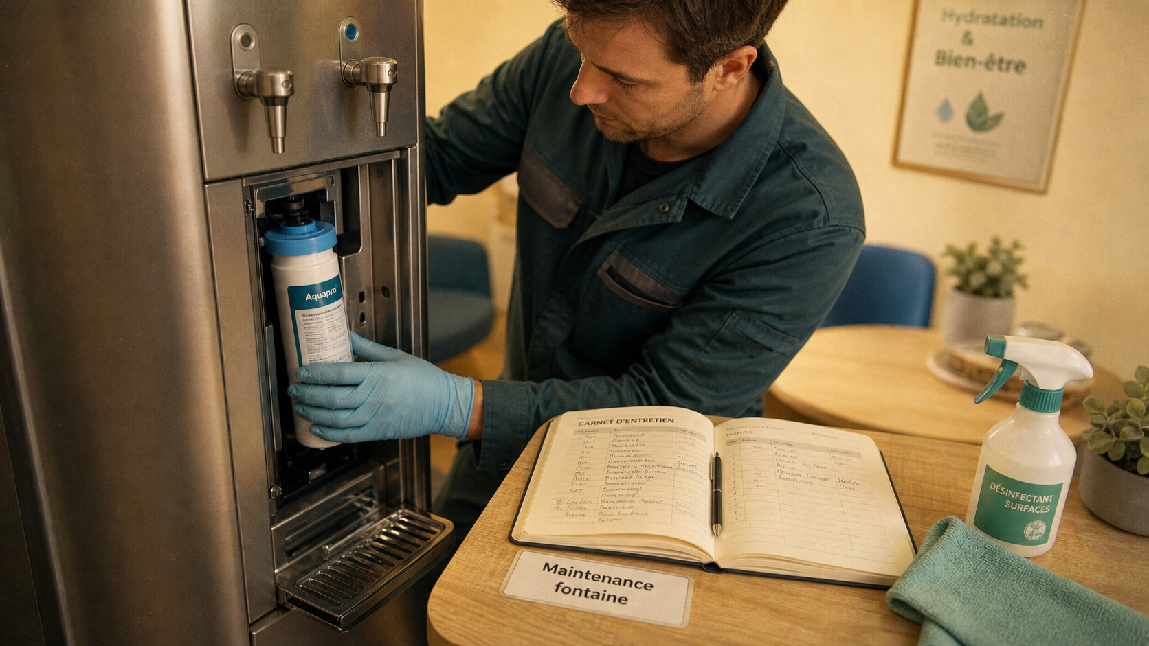 Entretien fontaine à eau : technicien change filtre dans une fontaine