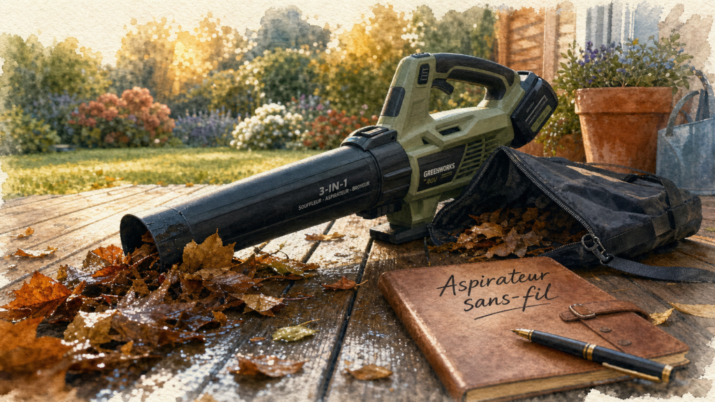 Meilleur aspirateur souffleur broyeur sur batterie, aspirant des feuilles mortes sur terrasse
