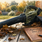 Meilleur aspirateur souffleur broyeur sur batterie, aspirant des feuilles mortes sur terrasse