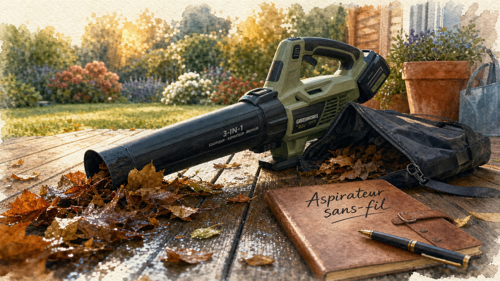 Meilleur aspirateur souffleur broyeur sur batterie, aspirant des feuilles mortes sur terrasse