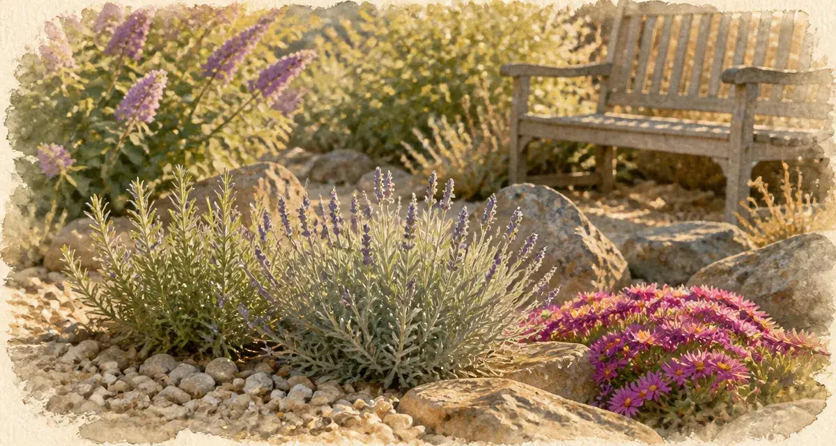 Plantes plein soleil sans arrosage : jardin sec avec lavande, romarin et delosperma