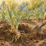 Quand planter des iris : rhizome affleurant et racines dans la terre