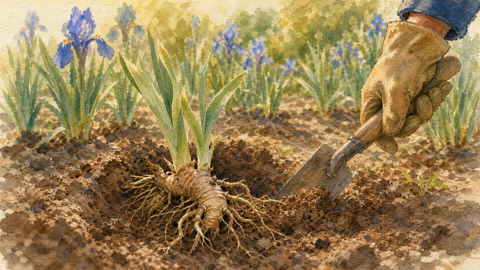 Quand planter des iris : rhizome affleurant et racines dans la terre