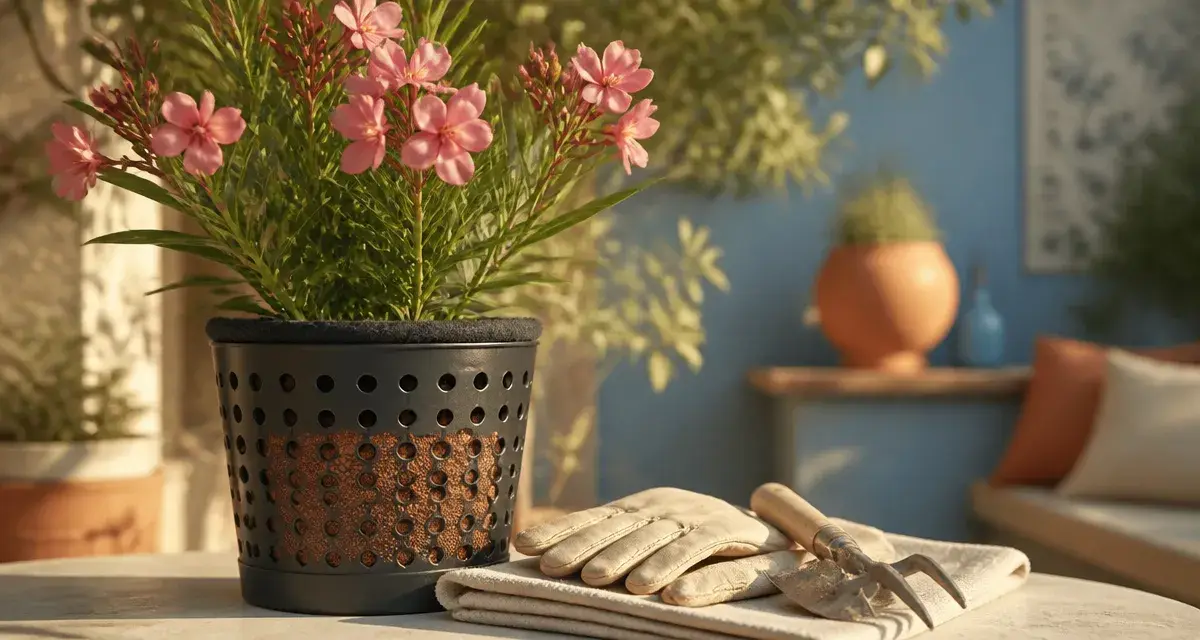 Quand rempoter un laurier rose : laurier en pot noir, drainage et graviers
