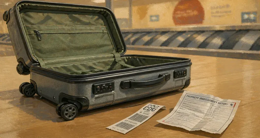 Valise incassable en polycarbonate gris, coins renforcés et roulettes
