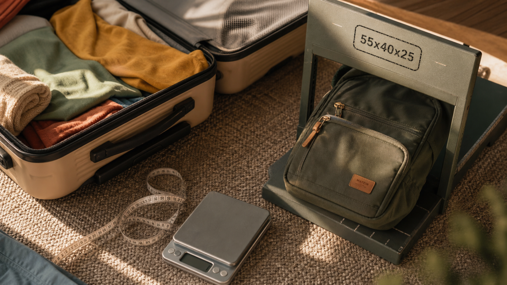Bagage cabine tap 55x40x25 cm, 8 kg : gabarit et contrôles