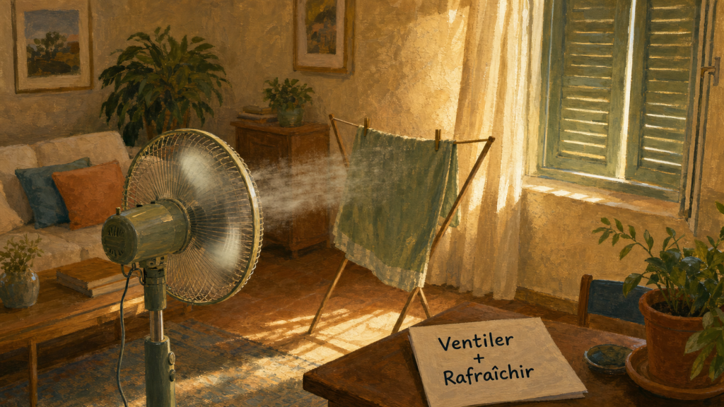 Comment rafraîchir une pièce avec un ventilateur : linge humide et air croisé.