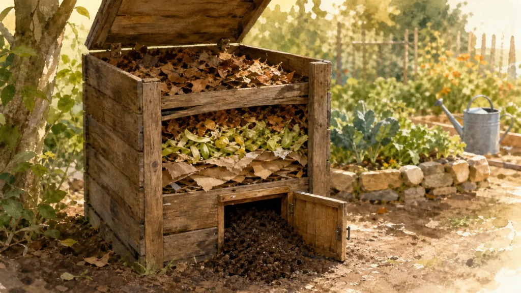 Composteur jardin en bois ouvert sur terre, feuilles et épluchures