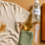Enlever des taches de resine sur un tee-shirt crème et planche en bois