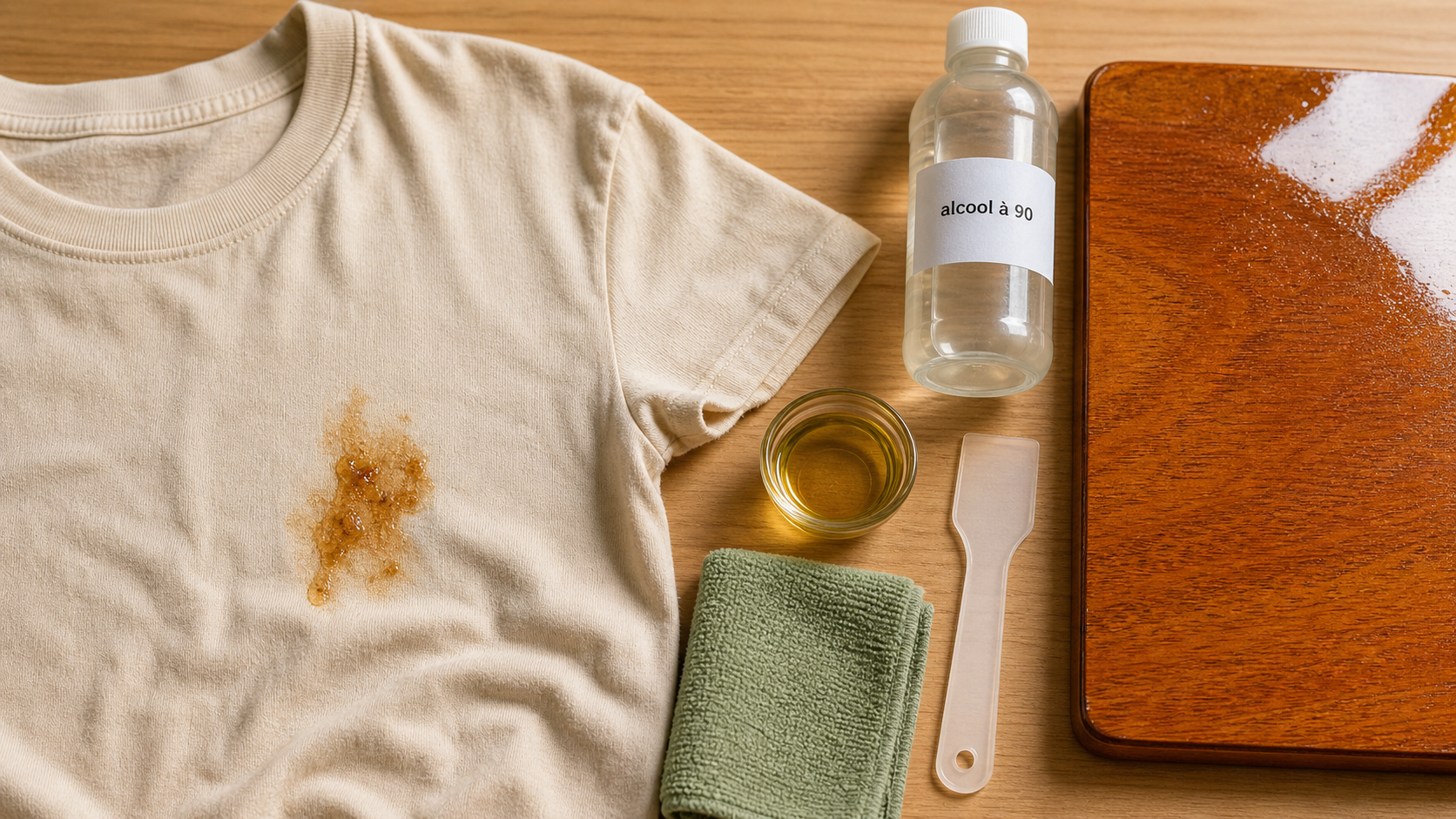 Enlever des taches de resine sur un tee-shirt crème et planche en bois