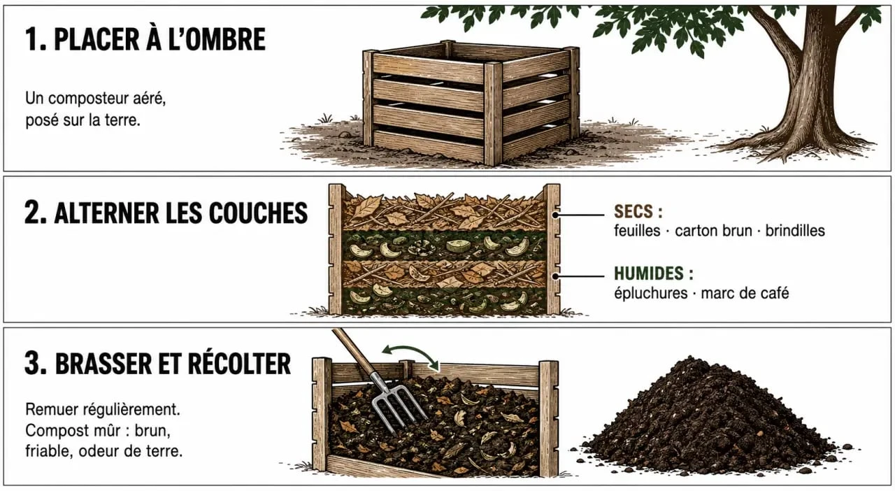 Illustration de comment faire du compost avec alternance des matières et compost mûr