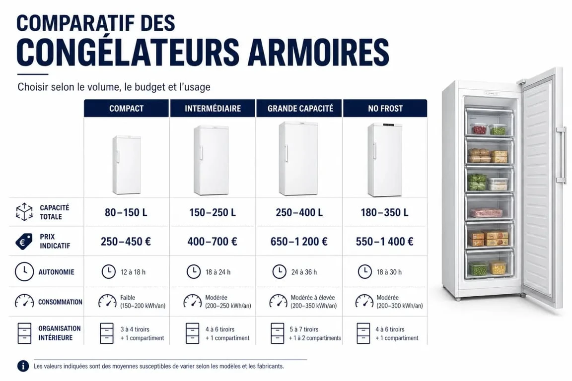 Comparatif congélateur armoire avec profils de capacité, prix et options pour bien choisir