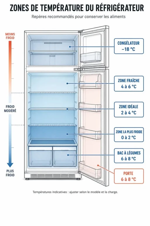 Schéma des zones de température pour bien régler son frigo