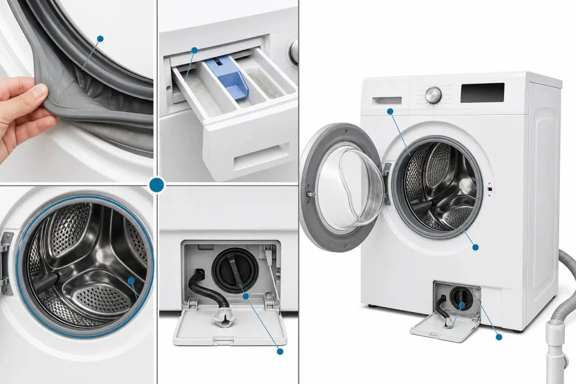 Lave linge mauvaise odeur : illustration des zones à nettoyer dans la machine