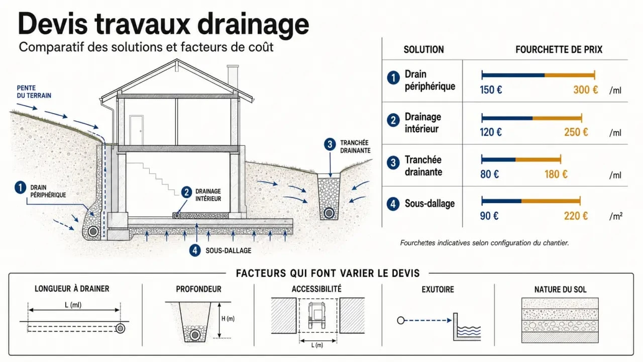 Devis travaux drainage : infographie comparative des prix et solutions de drainage