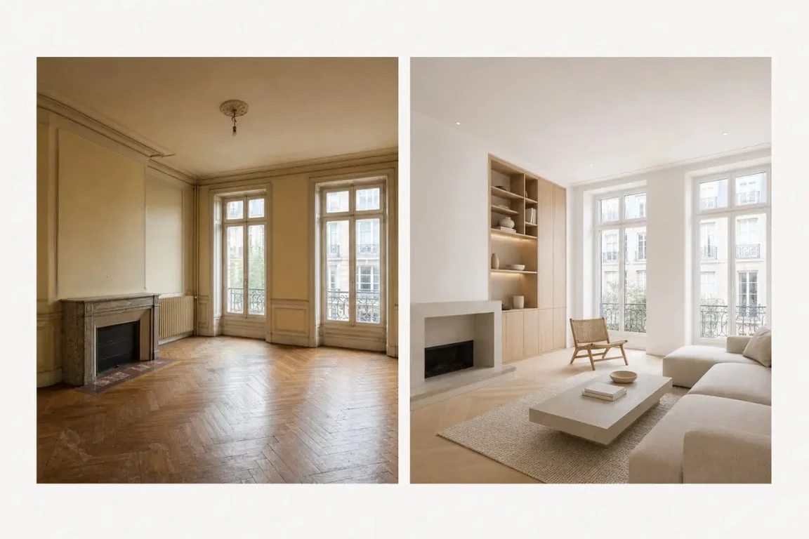 Rénovation d appartement lyon : intérieur avant/après d’un séjour rénové, style contemporain lumineux