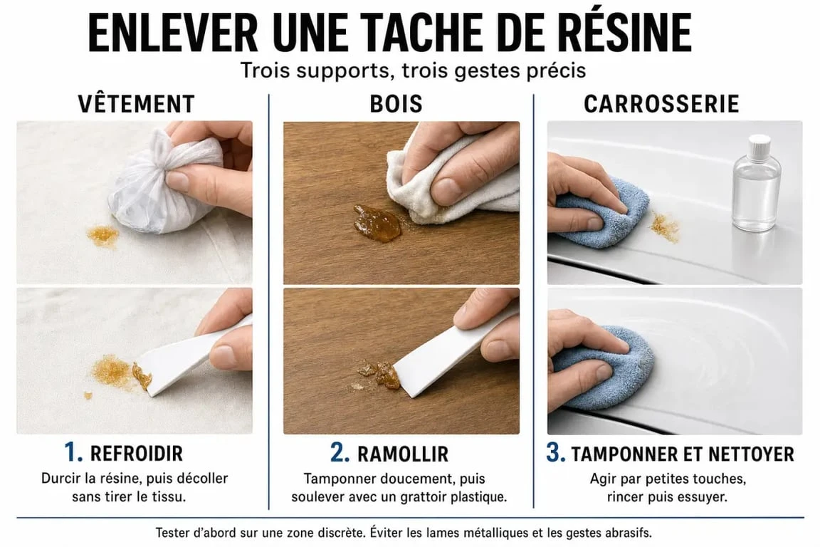 Enlever des taches de resine : illustration des étapes pour vêtement, bois et voiture