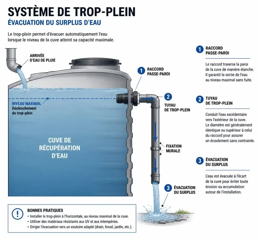 Schéma de fonctionnement d'un système de trop-plein pour cuve de récupération d'eau