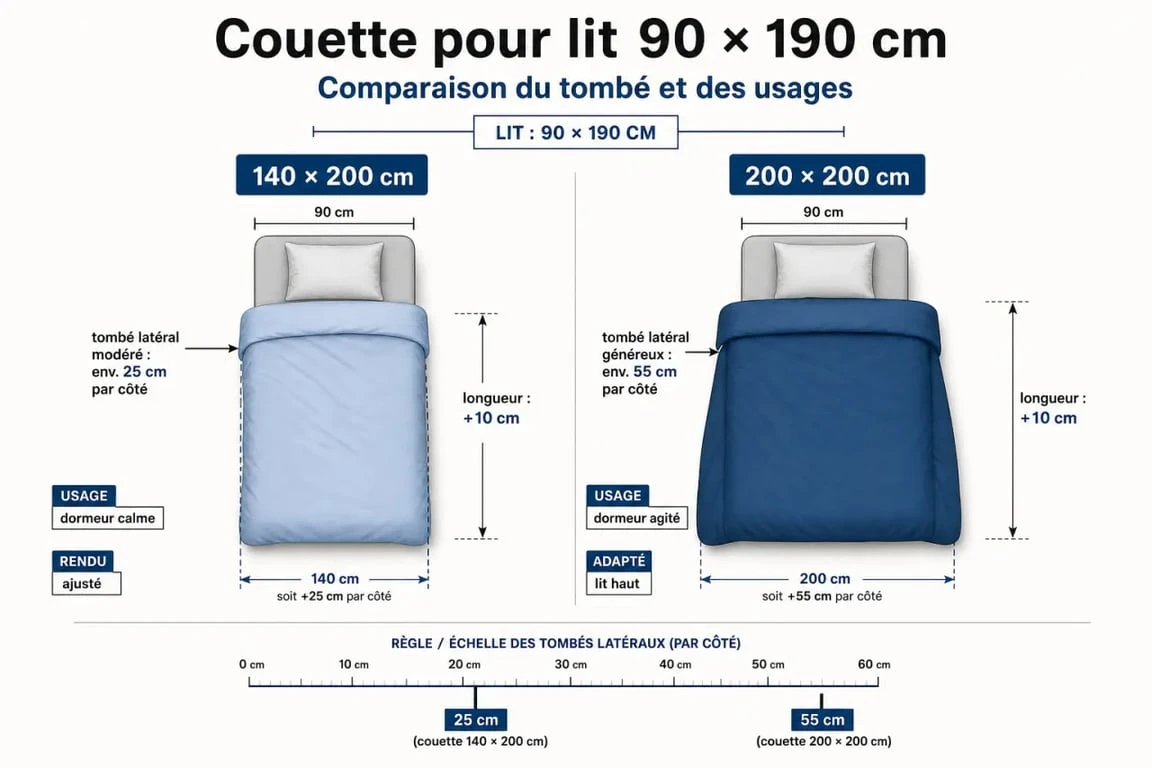 Taille de couette pour lit 90x190 : comparaison visuelle entre 140x200 cm et 200x200 cm