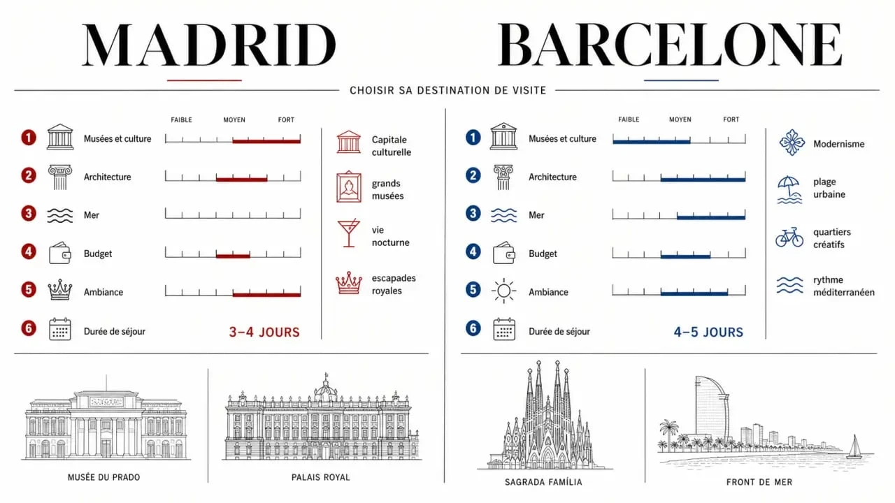 Madrid ou Barcelone pour visiter : comparaison visuelle des critères essentiels