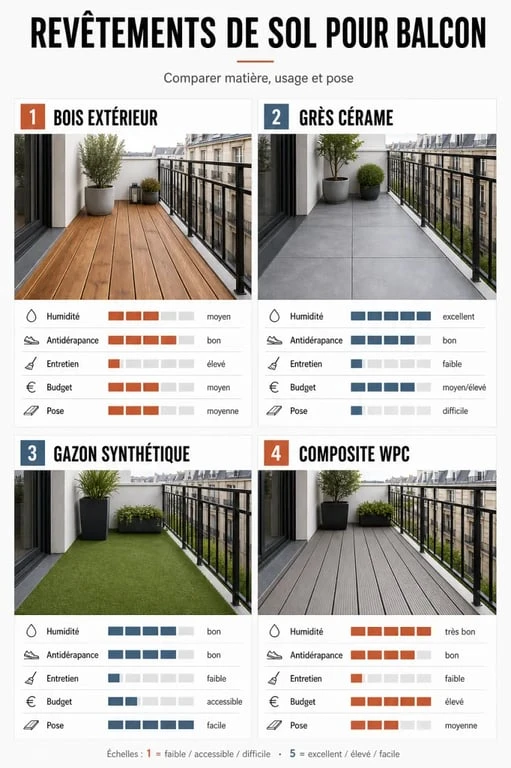 Comparatif du revêtement sol balcon en bois, carrelage, gazon synthétique et composite WPC