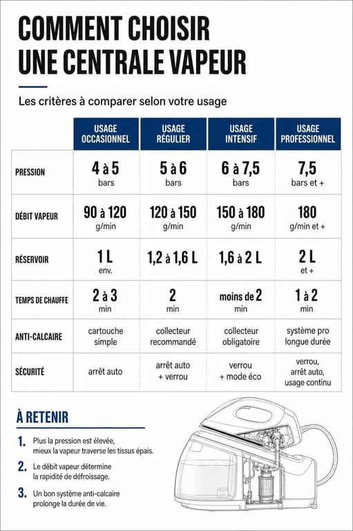 Infographie pour comment choisir centrale vapeur avec critères de pression, débit vapeur et autonomie