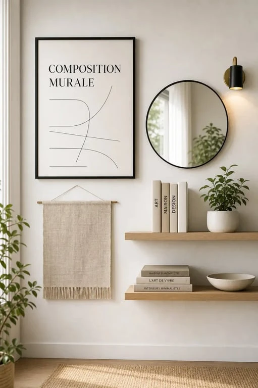 Idées pour décorer un mur blanc avec cadres, miroir, étagères et textile mural
