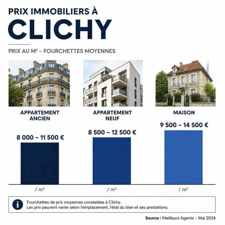 Graphique des prix immobiliers au m² à Clichy pour appartements et maisons