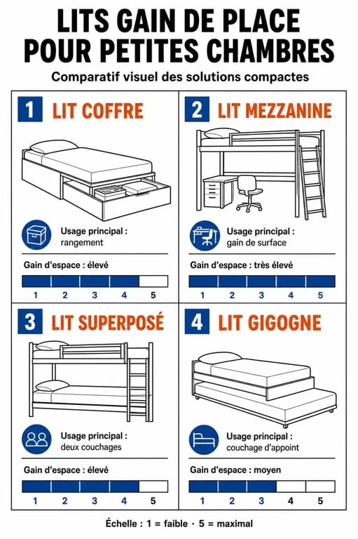 Infographie comparative des types de lits pour petite chambre : lit coffre, mezzanine, superposé et gigogne pour optimiser l'espace.