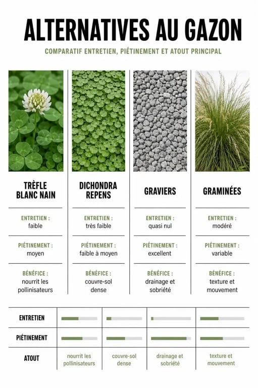 Infographie comparative des meilleures alternatives au gazon pour remplacer sa pelouse