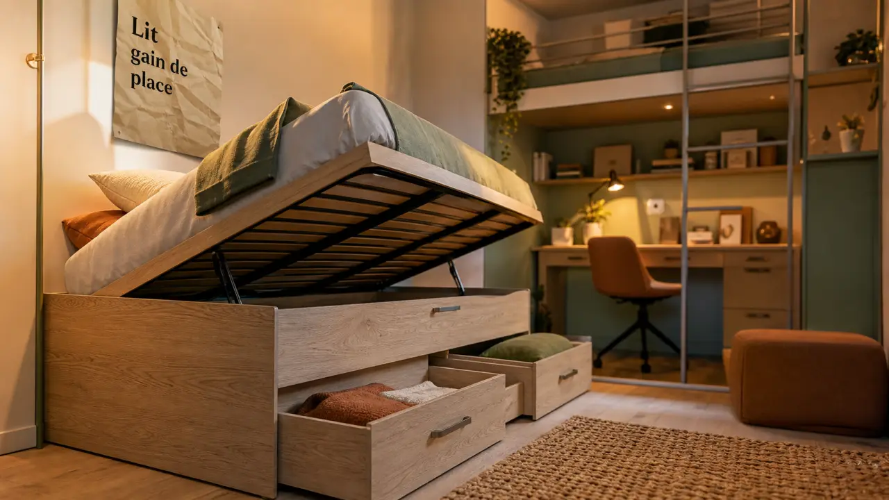 Lit pour petit chambre : lit coffre gain de place en bois clair, petite chambre lumineuse