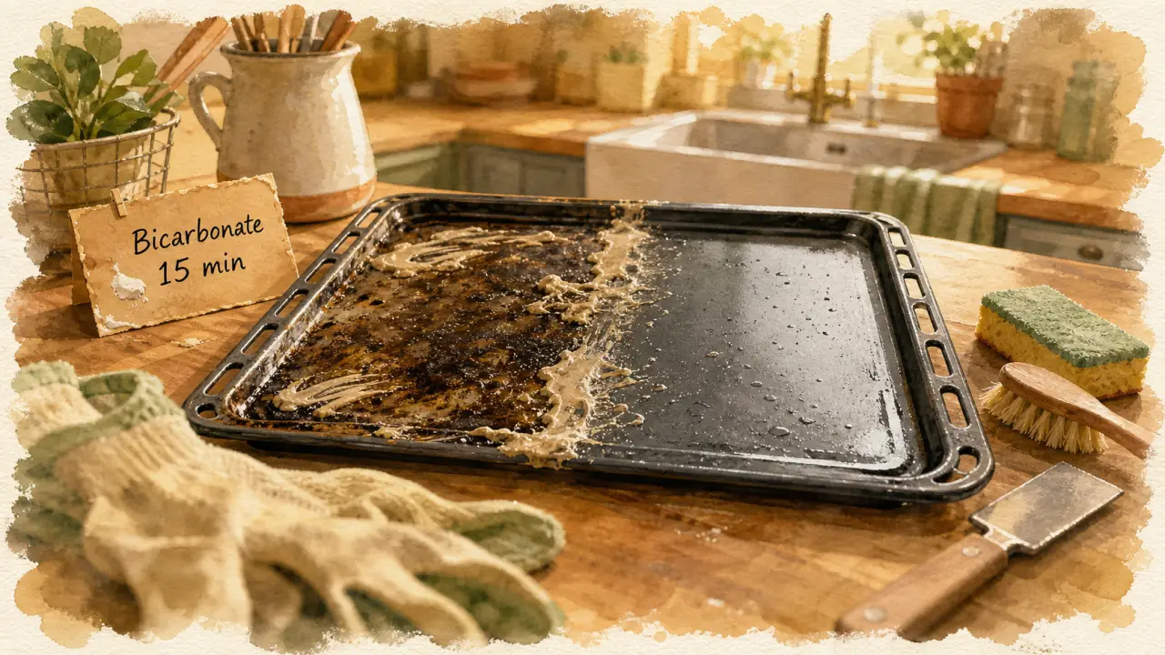 Nettoyer plaque four avec pâte bicarbonate sur plaque émaillée sale, sans l’abîmer.